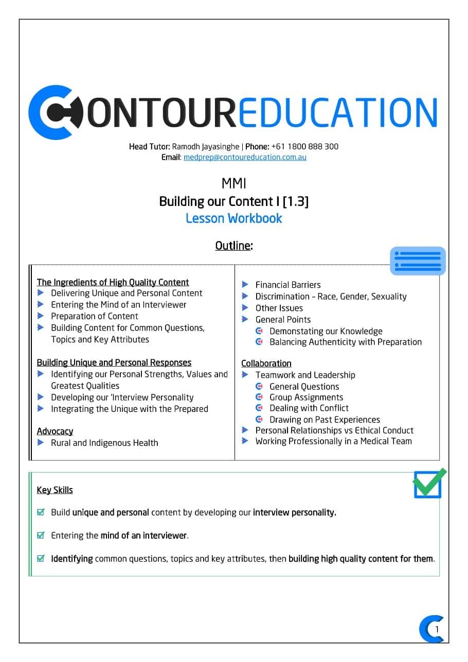 MMI (Medical Interview) Tutor in Melbourne providing Practice Workbooks to Medical Interview Students at Contour Education
