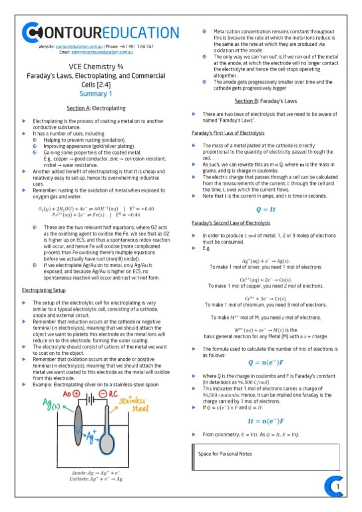 Melbourne VCE Chemistry Tutor Summary Notes & Sheet for VCE Chemistry Students at Contour Education